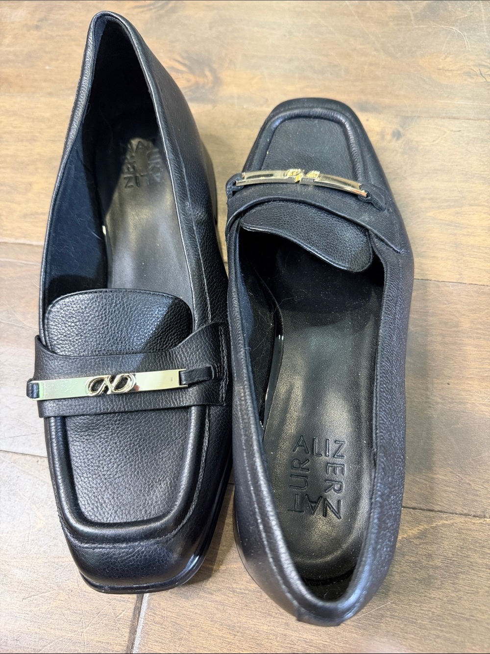 Naturalizer Black Square-Toe Loafers with Gold Bar Accent